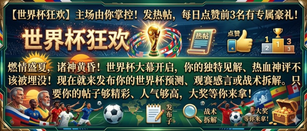 世界杯狂欢 你主宰主场 发帖热帖每日点赞前三赢专属大奖